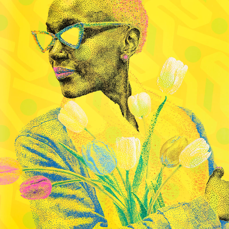 Evans Mbugua - Series "Flower Power" - Renaissance - 2021 - 110cm H x 90cm W - Handmade oil painting on plexiglass and original digital print on paper