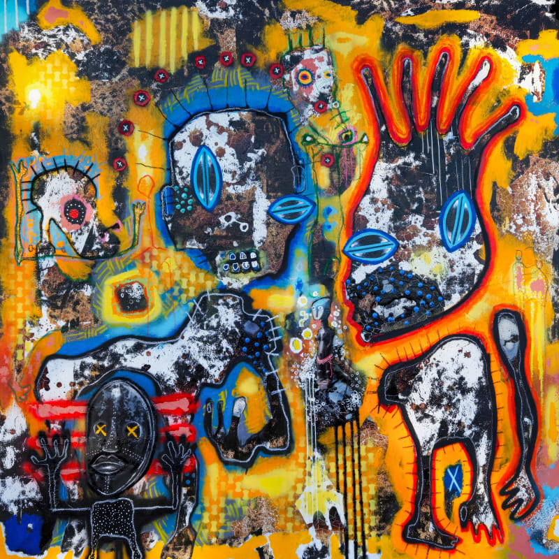 Mederic Turay - Primitive Spirit - 2023 - 150cm x 150cm - Oil, acrylic, collage, spray, coffee and natural pigments on canvas
