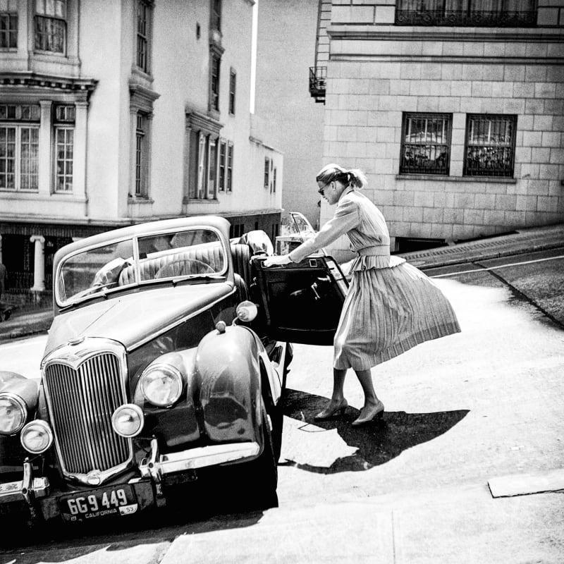 Fred Lyon Anne with Riley, parking on the steep hill just below the Mark Hopkins Hotel, c. 1940's