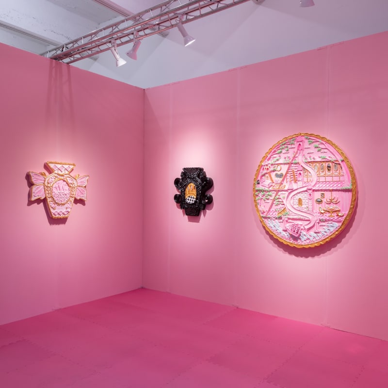 Installation view of Mariposa from the Vase of the Century Series, The West from the Vase of the Century Series, and Voyage to the Pink Castle from the Surveillance Locket Series Yvette Mayorga, NADA New York 2023, David B. Smith Gallery