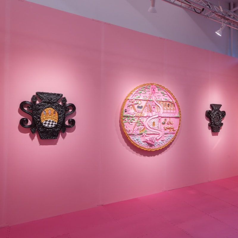 Installation view of The West from the Vase of the Century Series, Voyage to the Pink Castle from the Surveillance Locket Series, and Manifest Destiny from the Vase of the Century Series Yvette Mayorga, NADA New York 2023, David B. Smith Gallery