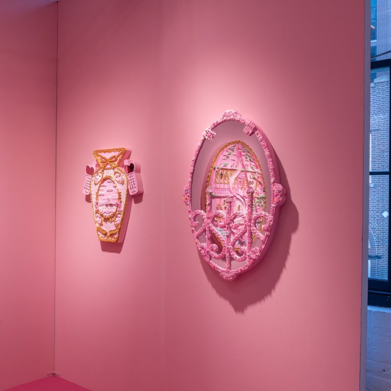 Installation view of 1-800-themouthofthewolfroad from the Vase of the Century Series and Enchanted Yvette Mayorga, NADA New York 2023, David B. Smith Gallery