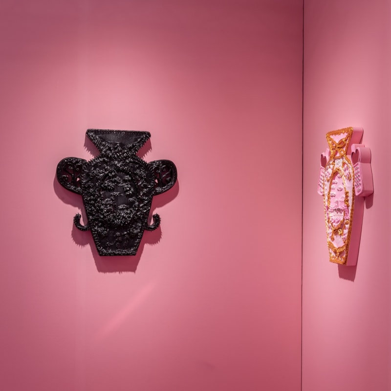 Installation view of Manifest Destiny from the Vase of the Century Series and 1-800-themouthofthewolfroad from the Vase of the Century Series Yvette Mayorga, NADA New York 2023, David B. Smith Gallery
