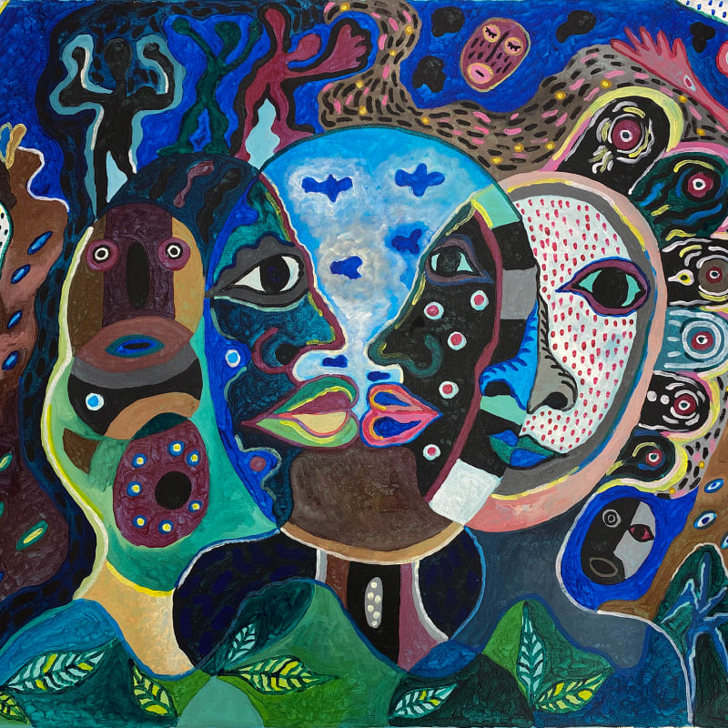 La rencontre, Gestural spiritual painting by Cameroonian artist Hervé Yamguen. AFIKARIS Gallery. 1-54 New York Chelsea