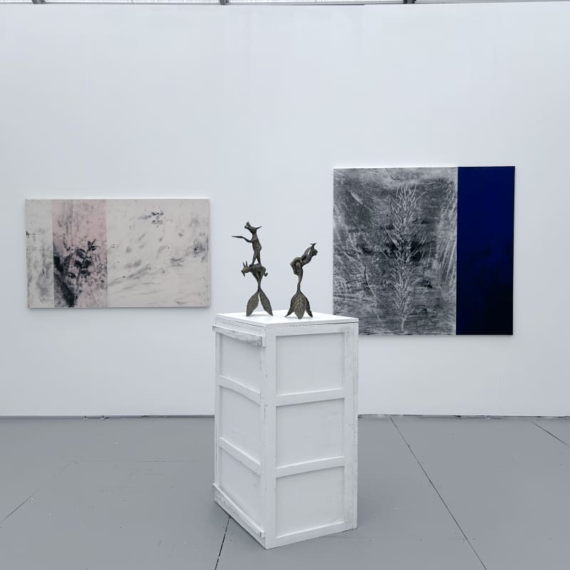 Nasreddine Bennacer works on Japanese paper and Hervé Yamguen's bronze sculptures at Untitled Art Miami. AFIKARIS Gallery.