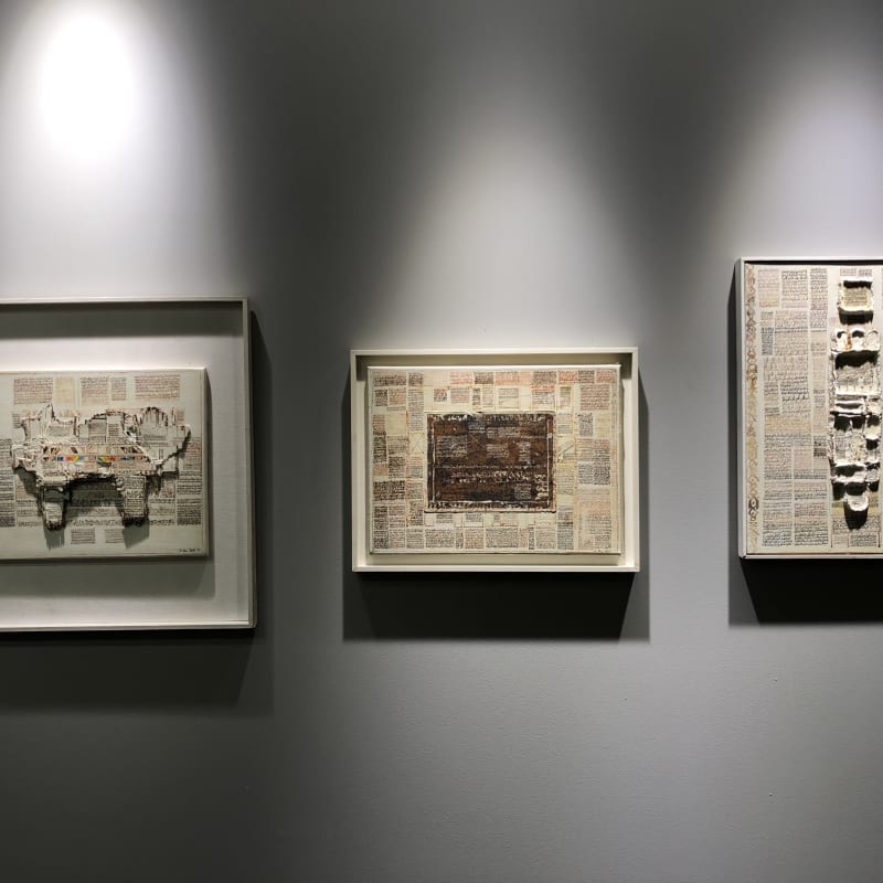 From left to right: Mahjoub Ben Bella, Composition abstraite, 1984; Mahjoub Ben Bella, Composition abstraite, 1984; Mahjoub Ben Bella, Ecritures Imaginaires, 1983