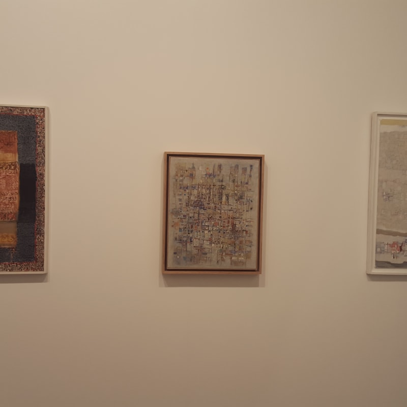 From left to right: Mahjoub Ben Bella, Untitled, 1986; Abdelkader Guermaz, Arabesque de C. Debussy, 1965; Abdelkader Guermaz, Composition, 1975