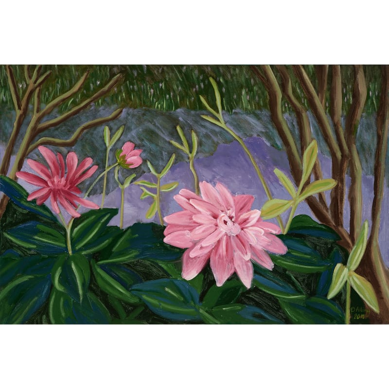 Janet Alling Giverny 17: Pink Dahlias/Trees & Water, 2017 oil on linen 24 x 36 in