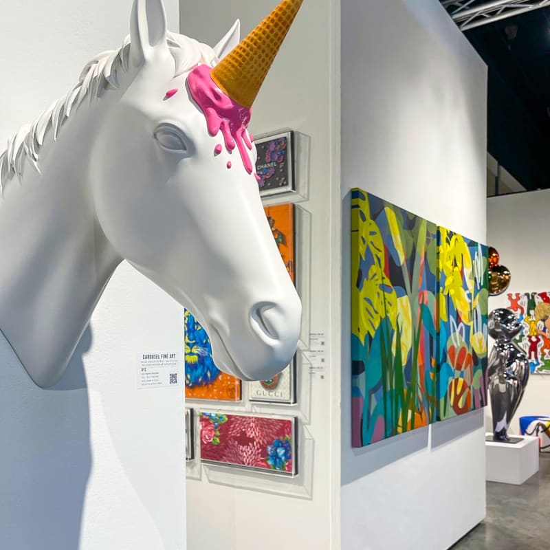 Paintings and sculptures displayed at Carousel Fine Art's gallery both at the Palm Beach Modern and Contemporary art fair, 2022.