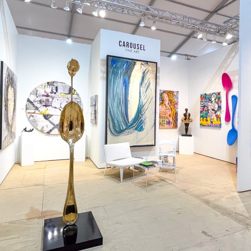 Paintings and sculpture displayed at Carousel Fine Art's gallery both at the Hampton's Art Market, 2021.