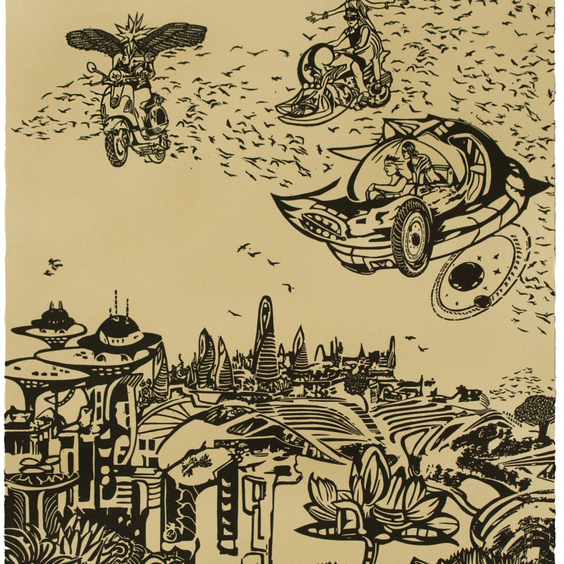 Chitra Ganesh, Over the City, 2018, Linocut BFK Rives Tan, 280gsm, Edition of 35, 20 1/ 8 x 16 1/8 inches (51.1 x 41 cm)