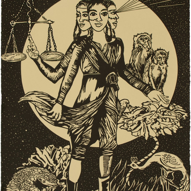 Chitra Ganesh, Justice is Virtue, 2018, Linocut BFK Rives Tan, 280gsm, Edition of 35, 20 1/ 8 x 16 1/8 inches (51.1 x 41 cm)