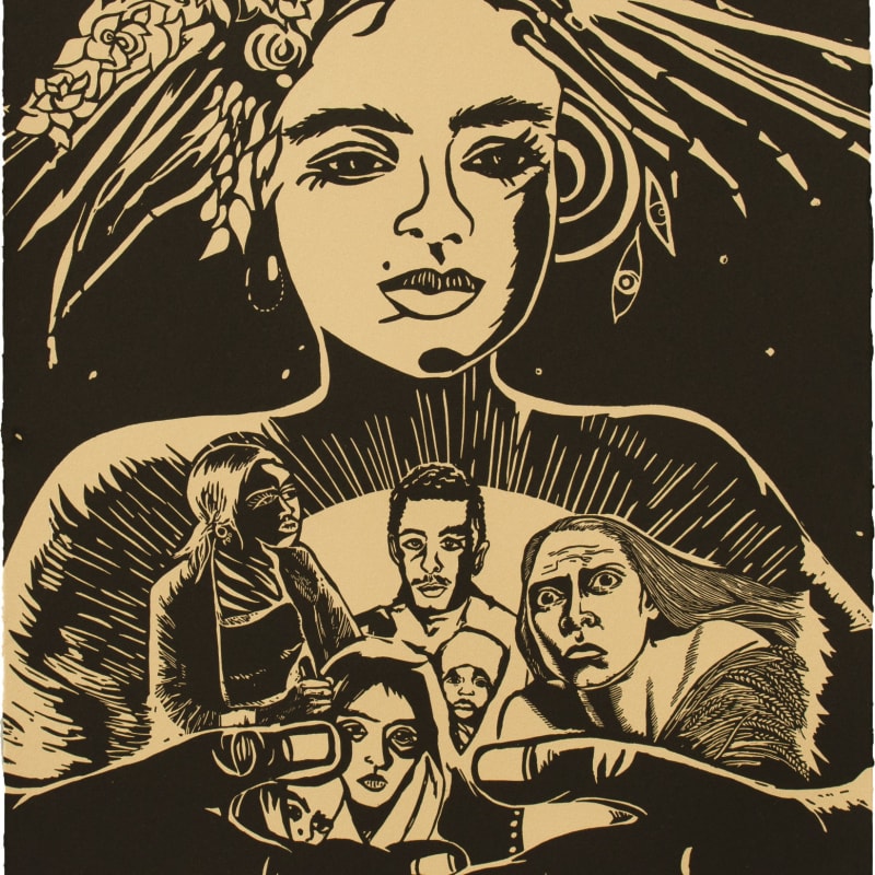 Chitra Ganesh, Refugees and Queen, 2018, Linocut BFK Rives Tan, 280gsm, Edition of 35, 20 1/ 8 x 16 1/8 inches (51.1 x 41 cm)