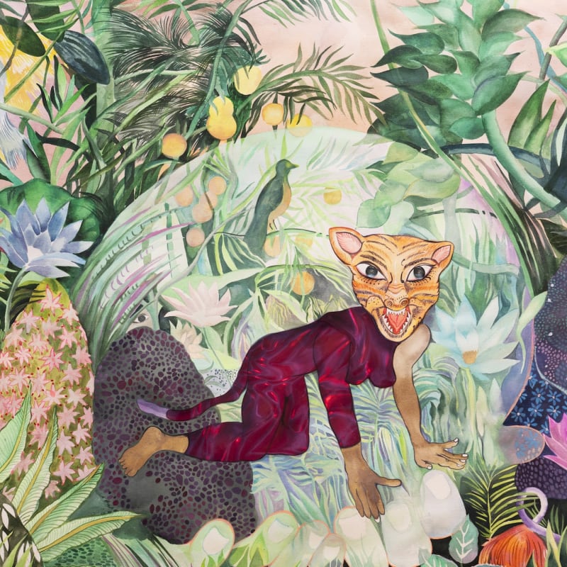 Chitra Ganesh, Enter the Jungle, 2024, watercolor and acrylic on paper, 45 1/2 x 60 inches (115.57 x 152.4 cm). Credit of the artist and Gallery Wendi Norris, San Francisco.