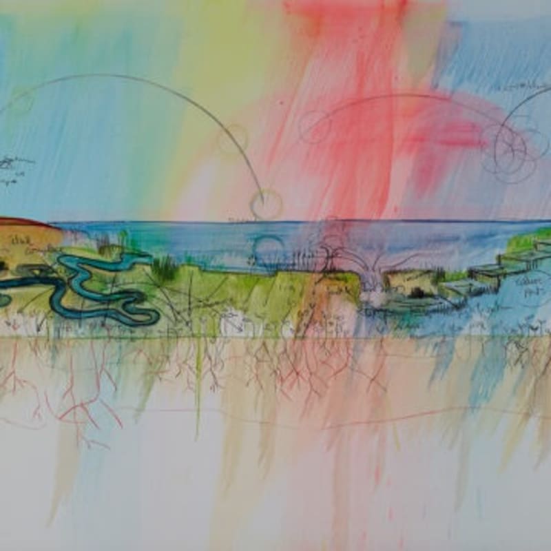 Fabrice Hyber, Paysage biographique de Pierre Giquel, 2017 Aquarelle, fusain, peinture à l’huile sur toile, 250 x 700cm © Fabrice Hyber / Adagp, Paris, 2022.