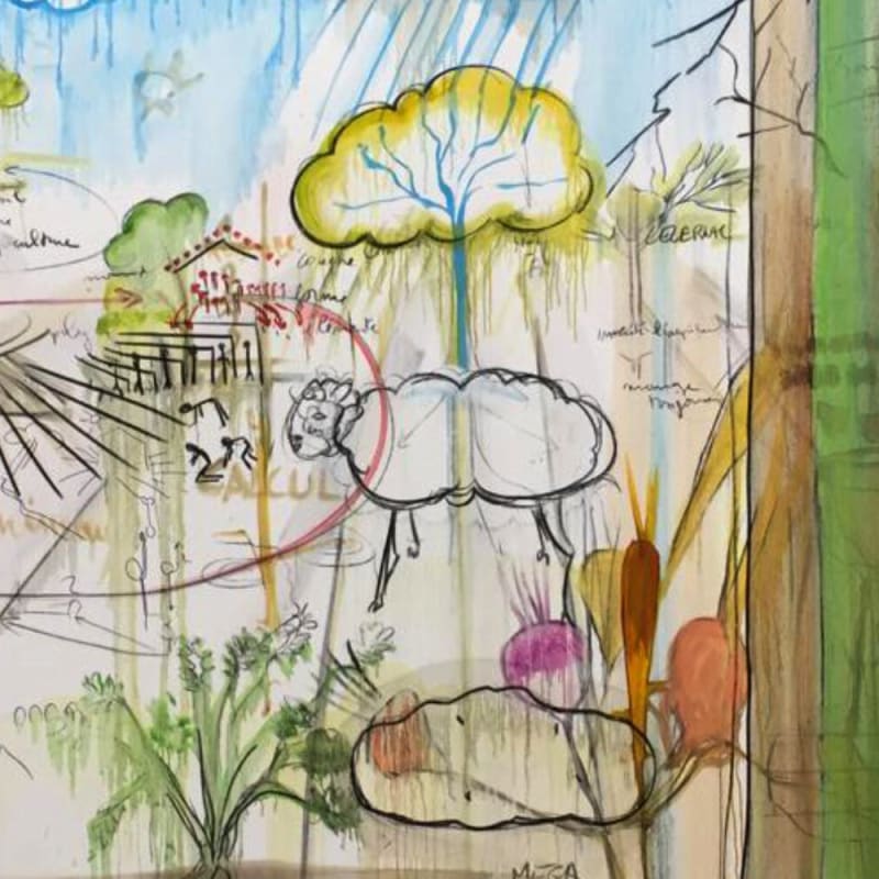 Fabrice Hyber, Invention de l'agriculture, 2022. 220 × 300 cm. Watercolour, charcoal, oil painting on canvas. © Fabrice Hyber / Adagp, Paris, 2022