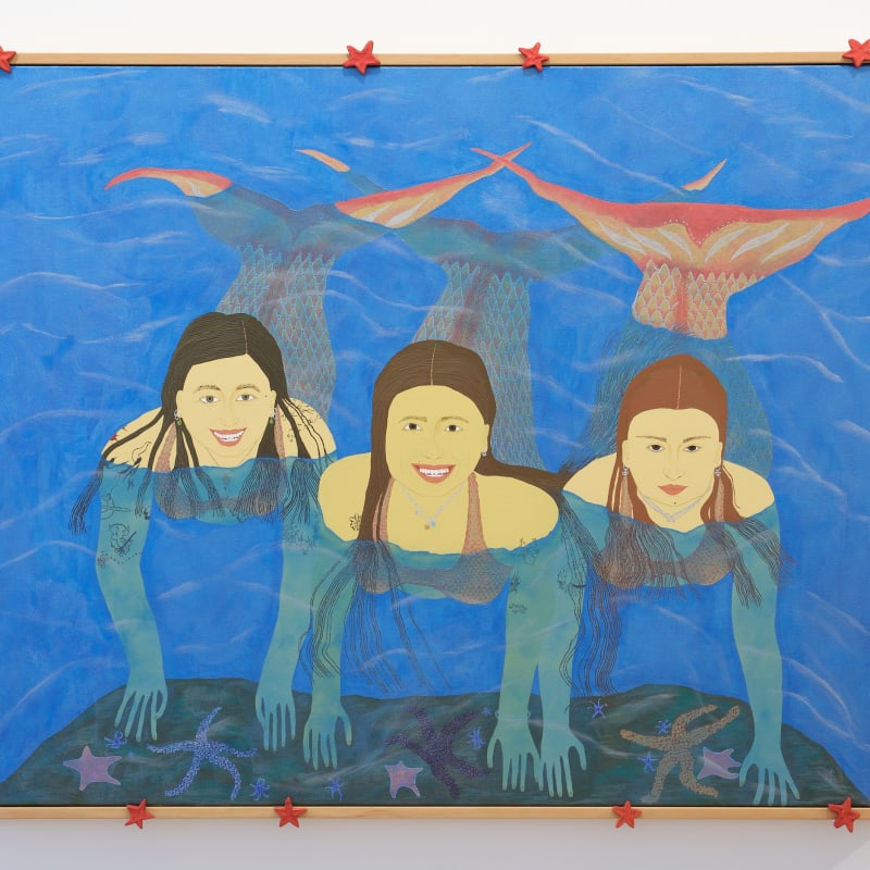 Claudia Kogachi Aquamarine, 2025 signed and dated verso acrylic on canvas, Oregon frame with hand carved starfish in dyed cherry wood by Josephine Jelicich 1200 x 1500mm 1300 x 1600 x 70mm framed