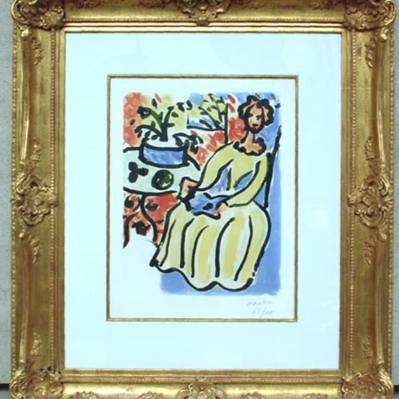 Henri Matisse (French, 1869-1954)  Marie-José en robe jaune, 1950, edition of 100 (Duthuit-Matisse, 817). Signed and numbered "H. Matisse/26/100" in crayon l.r. Color aquatint on Arches paper with watermark, plate size 21 1/8 x 16 7/16 in. (53.5 x 41.6 cm), framed.  Condition: Full sheet with deckled edges, sheet gently toned, colors strong and fresh, staining near edges of sheet, pinpoint foxing visible primarily on verso.  Provenance: A private New England collection.  N.B. Matisse was a prolific printmaker, creating more than 800 printed works, and worked in a broad variety of techniques, embracing intaglio, relief, and planeographic processes. The work presented here is an aquatint; an intaglio process in which the artist brushes a granular resin onto a metal plate. When the plate is placed into an acid bath the particles protect the surface, creating a fine network of channels that carry ink for printing.