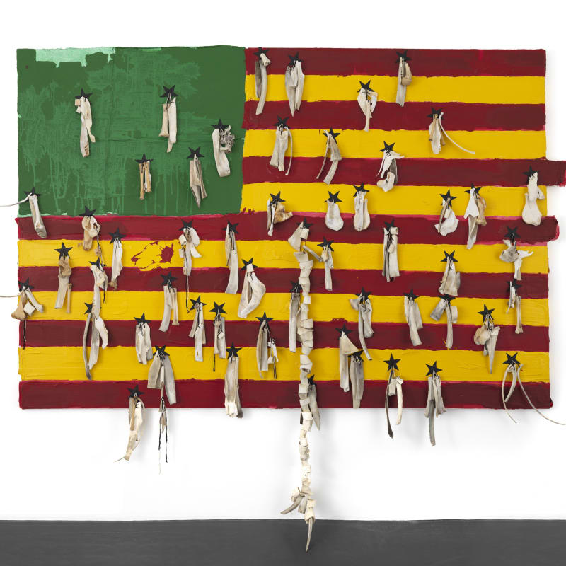 Nu Barreto:  Bones (2018) :Threads Acrylic Amulets On Canvas Mounted On Wood 200 X 318 X 5 cm  Courtesy LouiSimone Guirandou Gallery