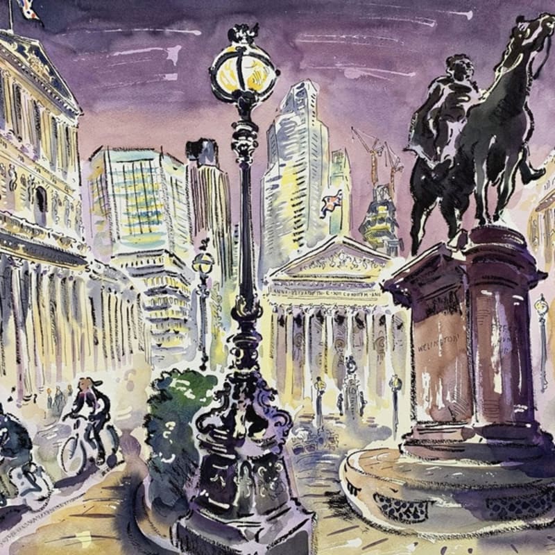Paul Cox RWS, 'Threadneedle Street', watercolour & ink