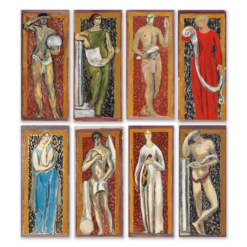 Vanessa Bell, Duncan Grant, the studies for the muses of Arts and Sciences, the murals of which are in Maynard Keynes bedroom at Cambridge.