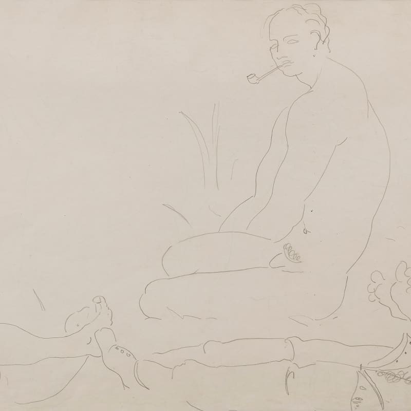 Drawing by Arthur Lett Haines, of Cedric Morris smoking a pipe. Drawn in Paris, this line drawing is influenced by contemporary artists of the day including Matisse