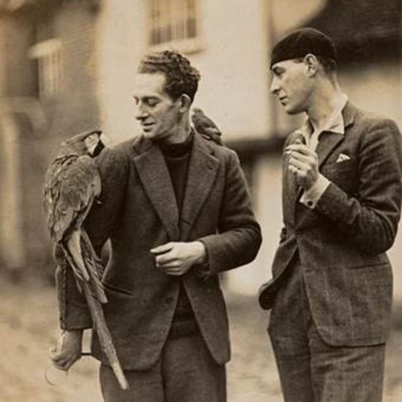 Photograph of Cedric Morris and Lett Haines with a parrot and another small bird. Cedric Morris paintings are for sale on the artworks pages New Collectors, and Modern British