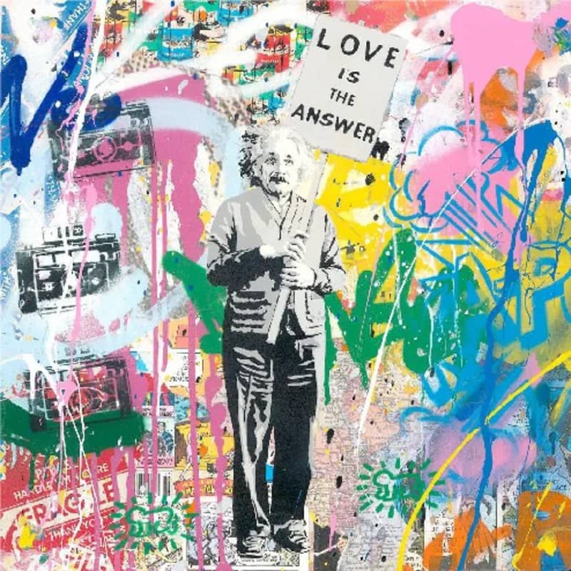 By one of the most commonly referenced street artists like Banksy, this Mr.Brainwash art print, ‘Einstein,’ 2020, shows Einstein holding a sign reading ‘Love is the Answer’