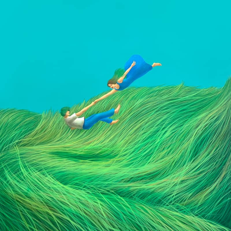 In this environmental artwork by Mulgil Kim, Green Swimming, a woman appears to swim through a windy field of grass.