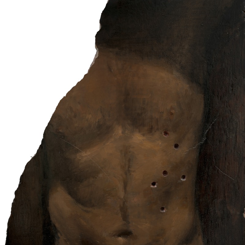 Saint Sebastian  Oil on perforated red marble  59 x 50 cm  2023