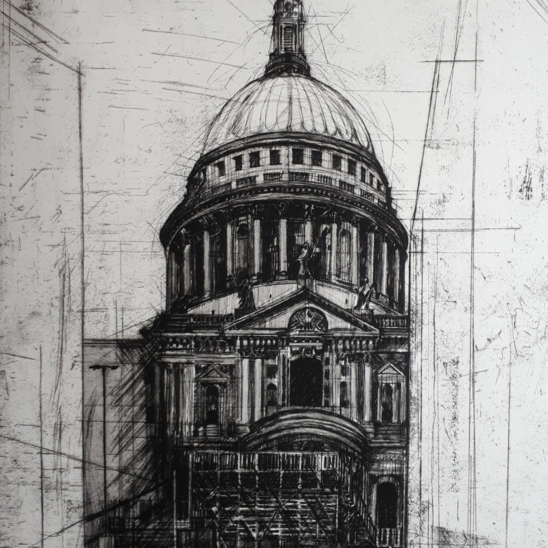Temporary Seating outside St Paul's, etching