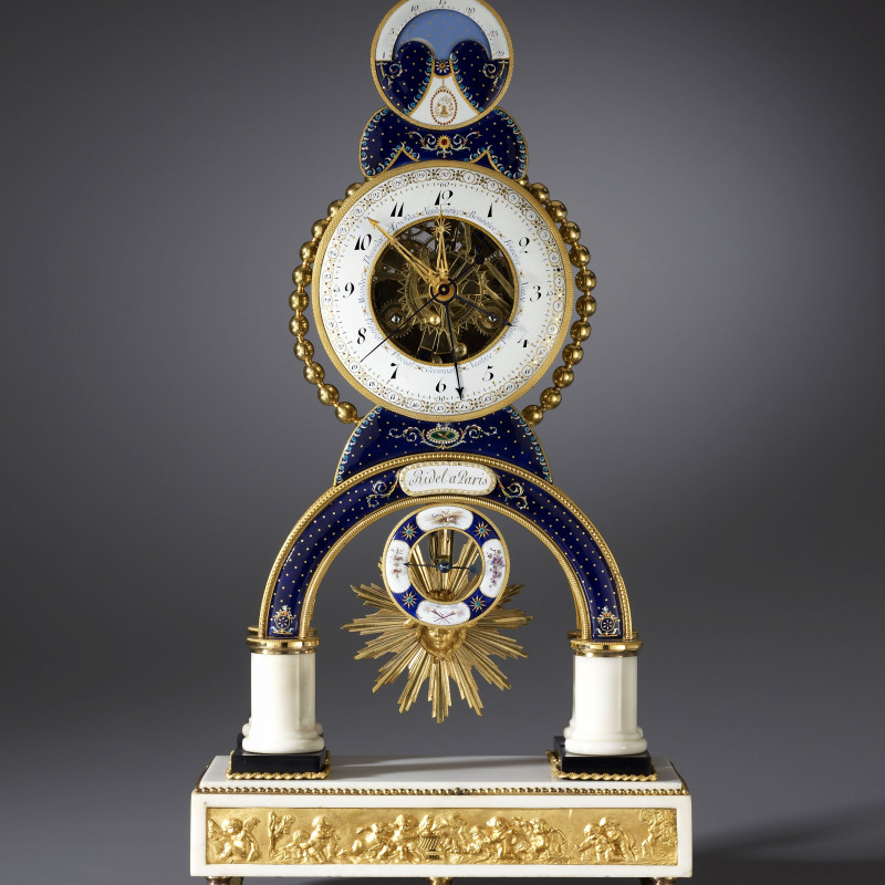 Joseph Coteau - A Directoire skeleton clock, by Laurent Ridel, enamel work by Joseph Coteau, Paris, dated 1796