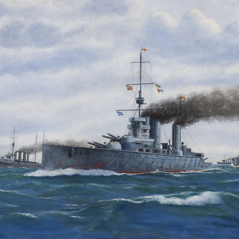 Battlecruisers steaming in line ahead, between their escorting cruisers and destroyers