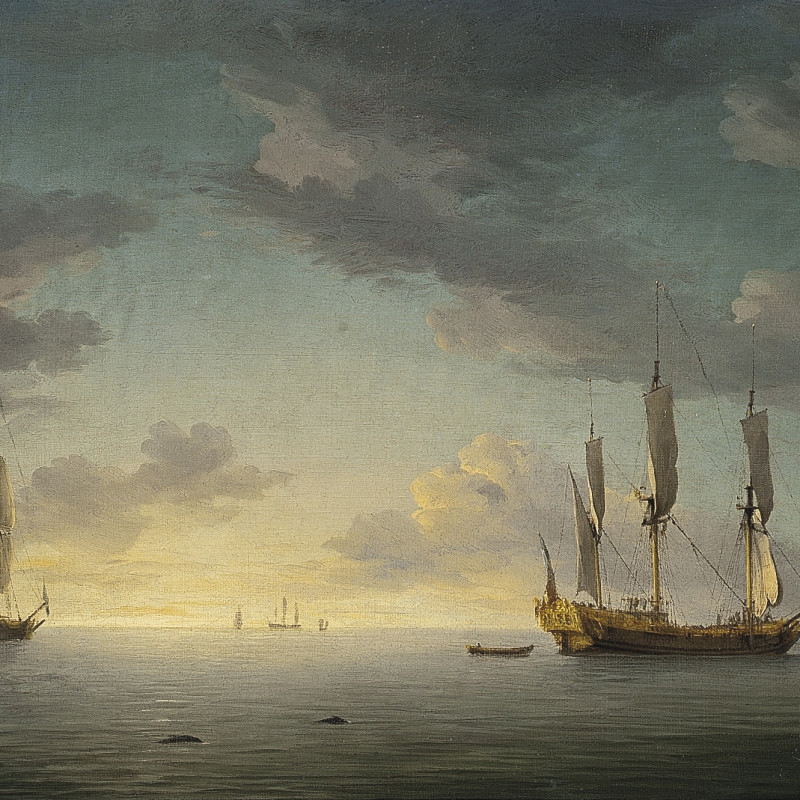 Sunset : the ship rigged royal yacht Royal Caroline in a light air with other