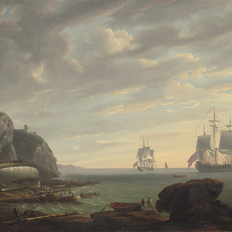 Mr. Tennant’s cutter yacht `Dart' in two positions, in company with HMS Snake, in rough seas off Gibraltar