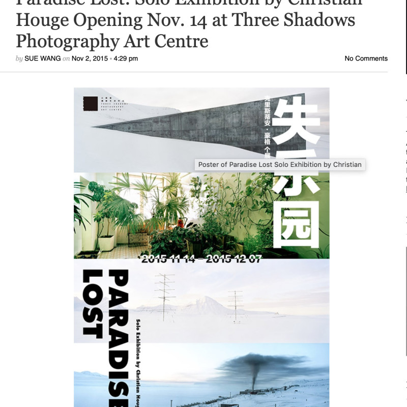 Paradise Lost: Solo Exhibition by Christian Houge Opening Nov. 14 at Three Shadows Photography Art Centre