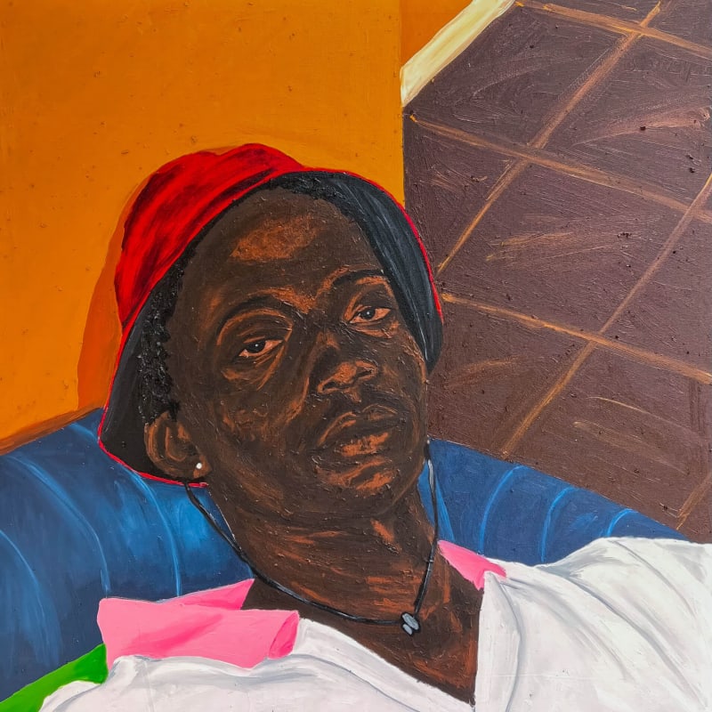 Matthew Eguavoen - Red bucked hat - 2023 - 130cm H x 100cm W - Oil and acryli on canvas