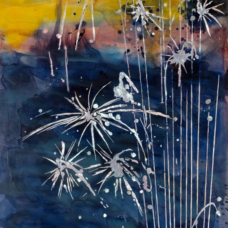 A tall narrow painting of a night sky with yellow and red firework streaks and explosons
