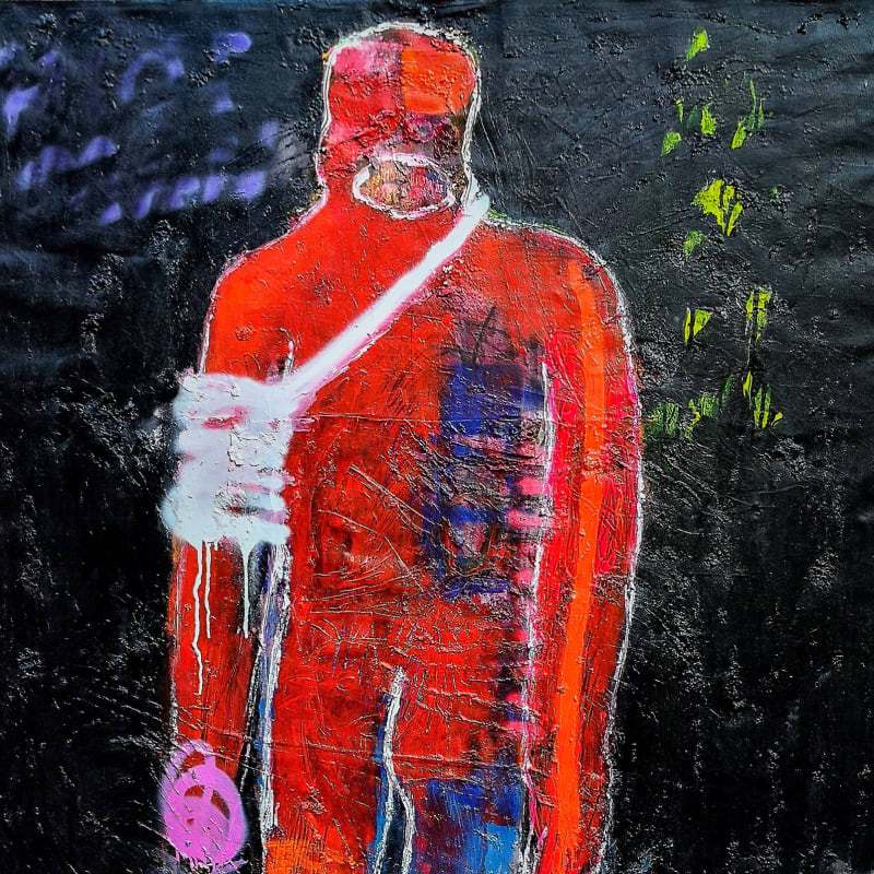 Bob-Nosa - Wounded Patriot - 2019 - 183cm H x 122cm W - Acrylic, spray paint & fabric collage on textured canvas