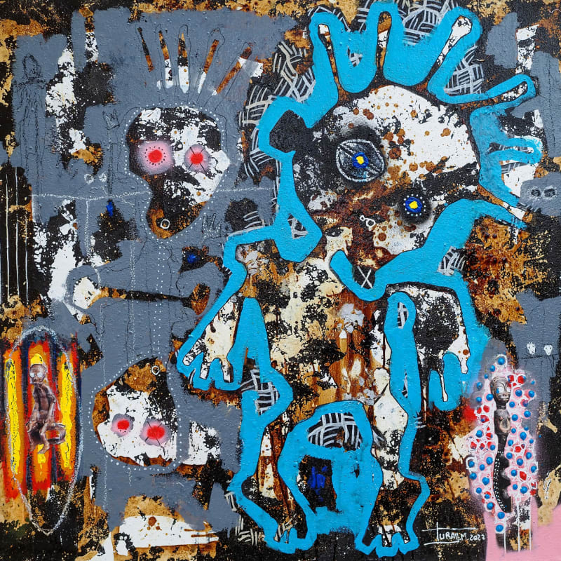 Mederic Turay - Dance of the blue moon 2 - 2022 - 100X100cm - Acrylic, oil, collage, coffee & colour pigments on canvas