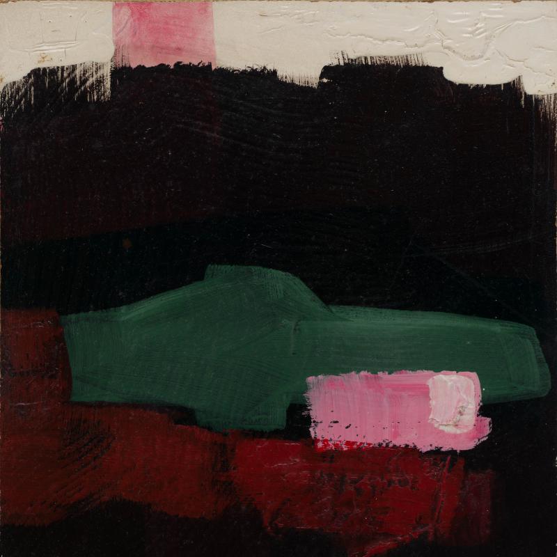 An abstract painting with rough geometric shapes in black green pink and red