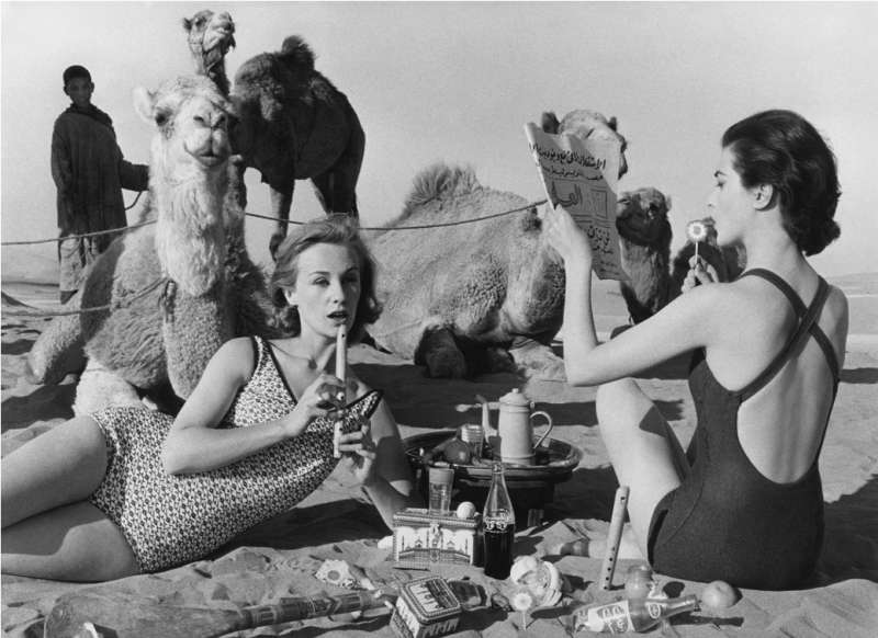 Tatiana + Mary Rose + Camels, Picnic, Morocco, 1958