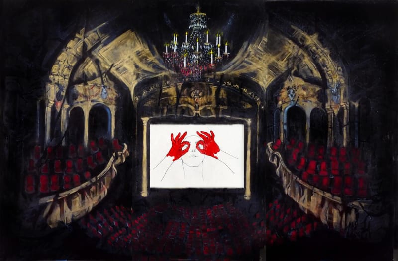 Avish Khebrehzadeh Theater V + Maskhara in 8 eMotions, 2017 oil and gesso on board with video animation projection 229 x 343 cm, 5mn and 18 sec