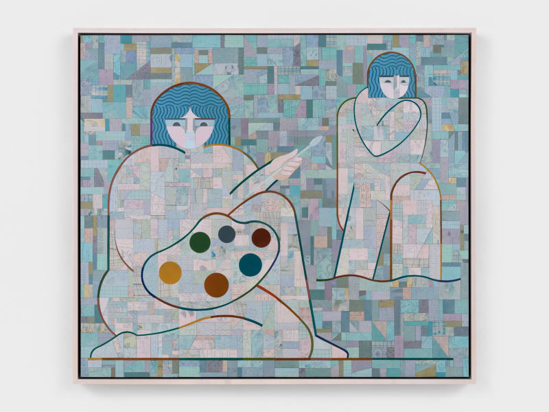 Ruby Sky Stiler Artist with Bather, 2025 Canvas, acrylic, pencil, and Jade adhesive on panel 44 x 50 in (111.8 x 127 cm) 48 7/8 x 52 x 3 3/8 in framed (124.1 x 132.1 x 8.6 cm framed)
