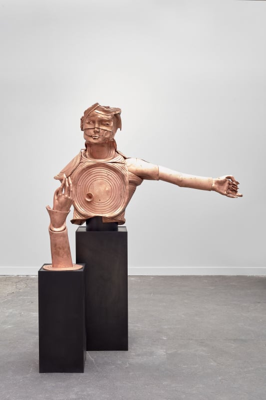 Matthew Monahan Justitia, 2016 Copper plated bronze with oxide black stainless steel base Torso: 38 1/2 x 59 x 17 inches (98 x 150 x 43.2 cm); Base for torso: 36 x 15 1/2 x 15 1/2 inches (91.44 x 39.37 x 39.37 cm); Hand: 27 x 11 x 11 inches (69 x 27.94 x 27.94 cm); Base for hand: 27 x 12 x 12 inches (68.58 x 30.48 x 30.48 cm)