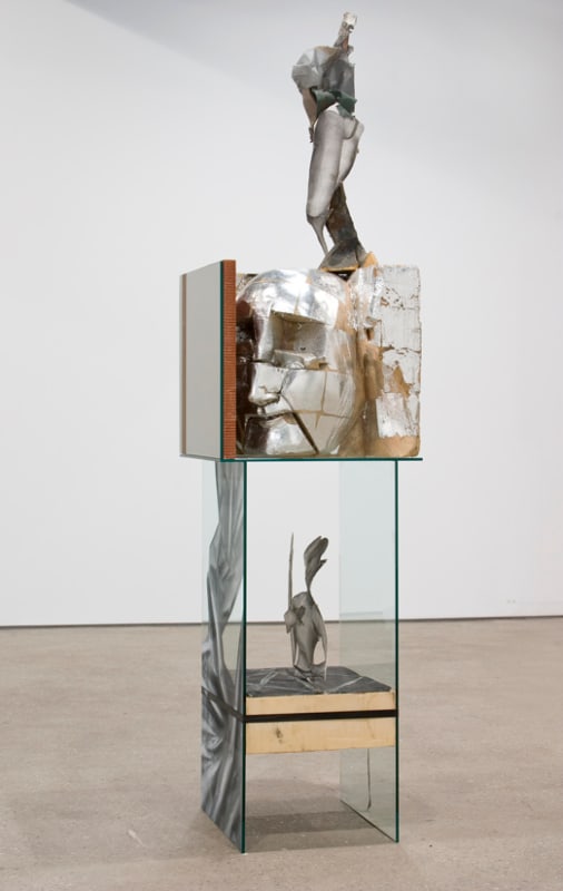 Matthew Monahan Chamber Command, 2008 Glass, foam, plastic, charcoal on paper, wax, silver leaf, 2 straps, 2 ratchets, wood 106 1/2 x 25 1/2 x 20 3/8 inches