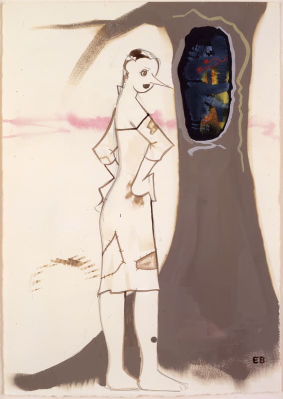 Ellen Berkenblit Woman looking at technology in tree, 1998 Mixed media on paper Image Dimensions: 14.5 x 10 inches (36.83 x 25.4 cm) Framed Dimensions: 18 x 14 inches (45.72 x 35.56 cm)