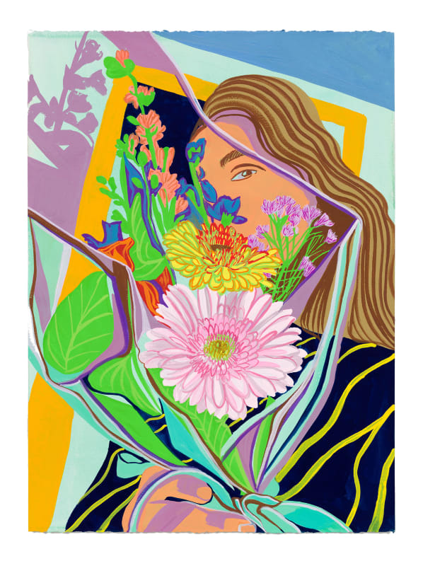 Aliza Nisenbaum Self portrait bouquet, 2020 Gouache and watercolor on paper Paper Dimensions: 30 x 22 in (76.2 x 55.9 cm) Framed dimensions: 32 7/8 x 24 3/4 in (83.5 x 62.9 cm)