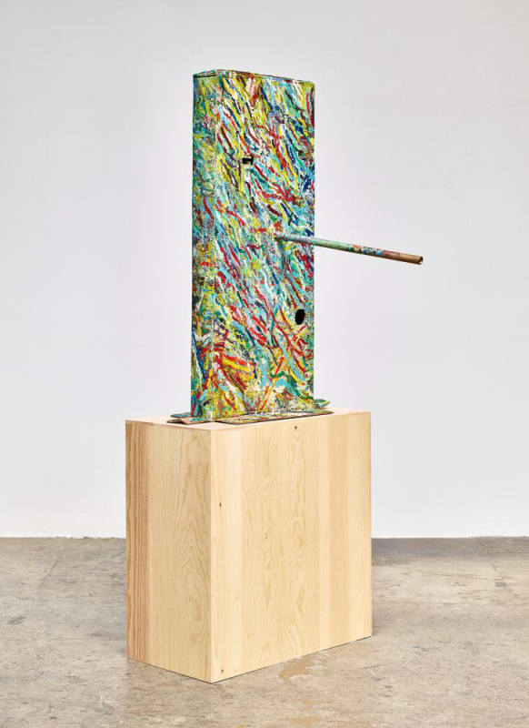 Mark Grotjahn Untitled (Blue Van Gogh Cypress, Mask M38.c), 2015 Oil paint on bronze 53 3/4 x 33 x 37 1/2 inches (sculpture) (136.5 x 83.8 x 95.3 cm) 37 x 36 1/2 x 19 inches (pedestals) (94 x 92.7 x 48.3 cm)