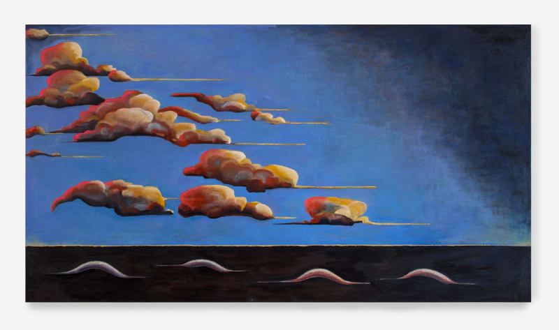 Leo Mock "To weave a wall to hem us in", 2025 Oil on linen 39 3/8 x 72 inches (100 x 183 cm)